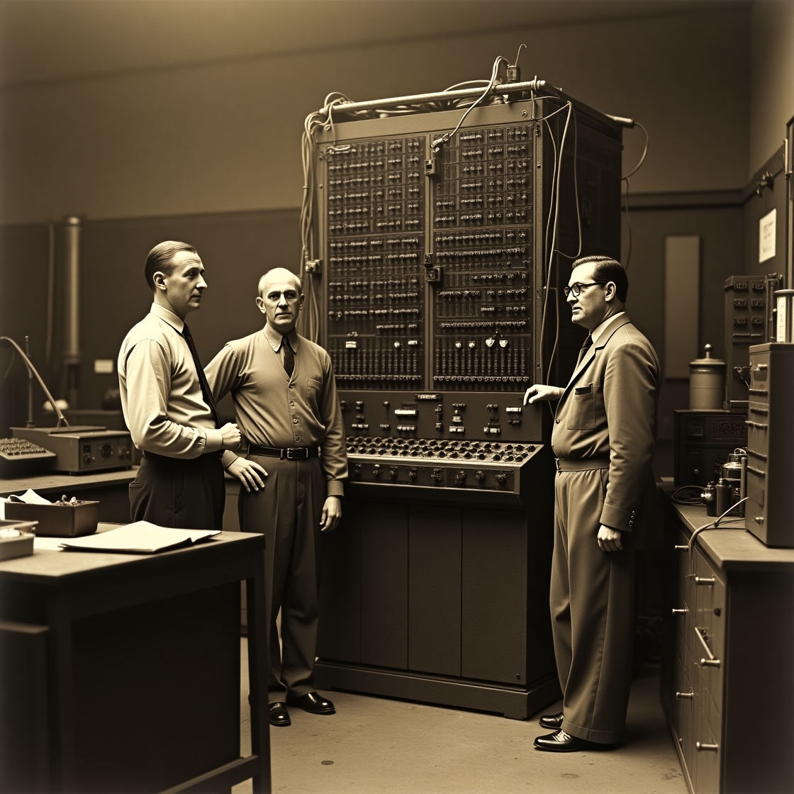 imagem gerada por IA do primeiro computador com algumas pessoas, em sua maioria cientistas