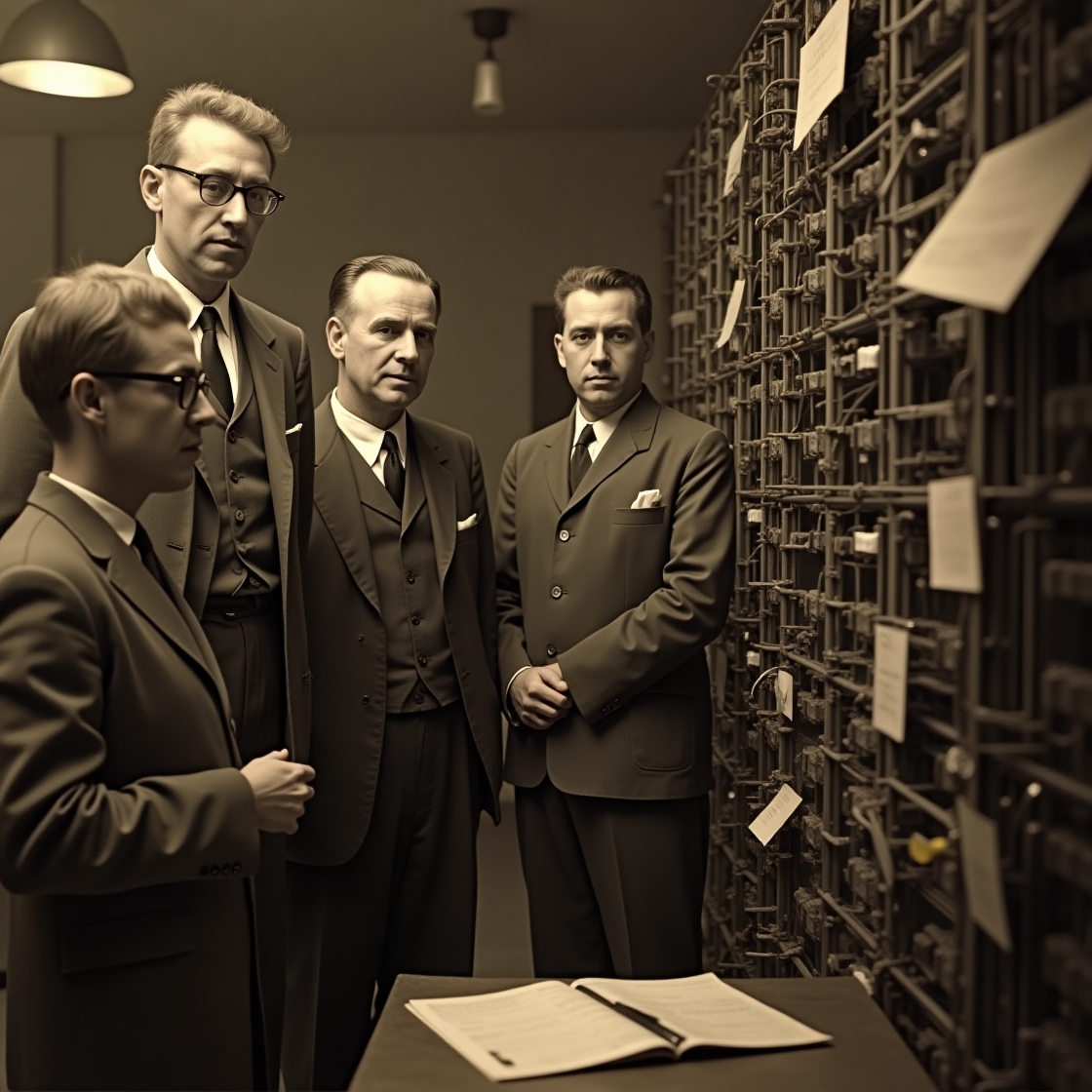 imagem gerada por IA do primeiro computador com algumas pessoas, em sua maioria cientistas