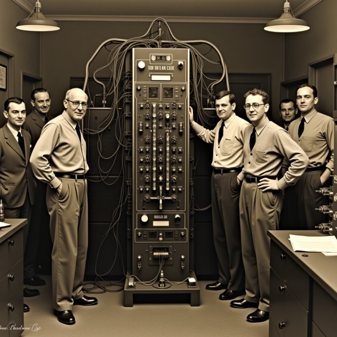 imagem gerada por IA do primeiro computador com algumas pessoas, em sua maioria cientistas